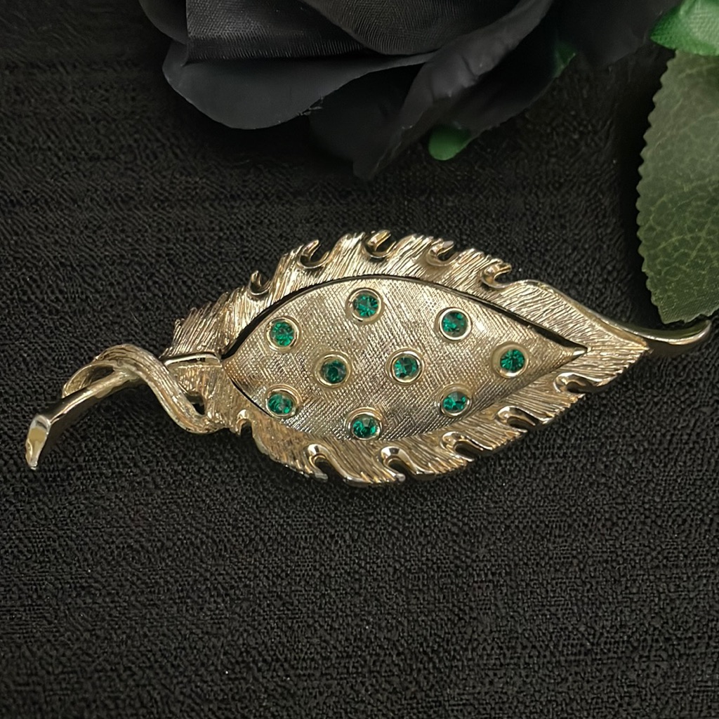 Vintage Cathe Gold Tone Green Rhinestone Reversible Leaf Brooch
